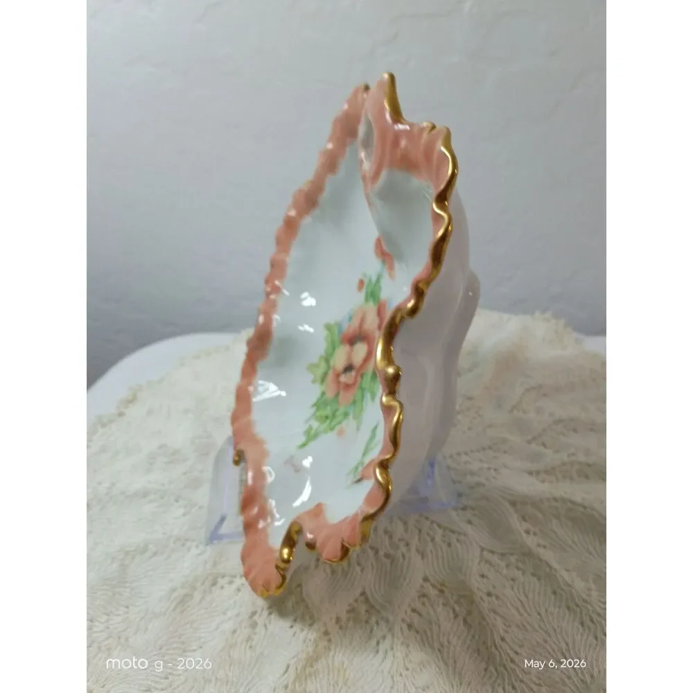 Vintage Floral Porcelain Trinket Dish Star Ruffled Edge Bowl Gold Trim